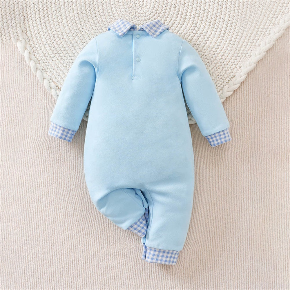 Stylish Bear Print Plaid Long Sleeve Baby Jumpsuit