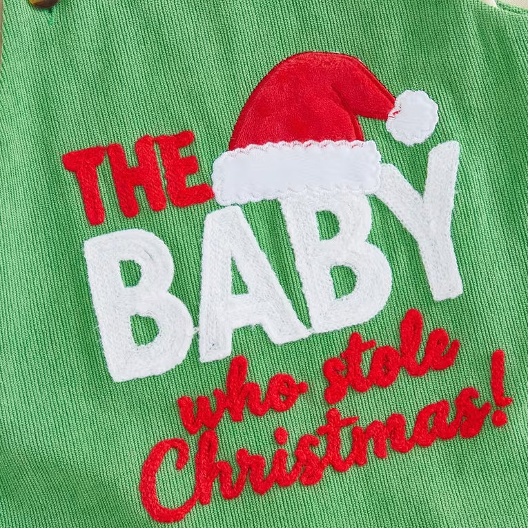 3PCS Cute Letter Santa Hat Applique Overalls Baby Christmas Set