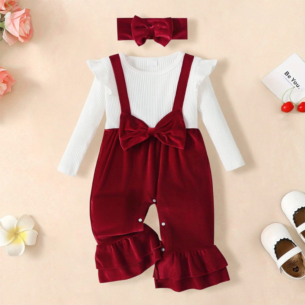 2PCS Charming Color Block Red Velvet Long Sleeve Baby Jumpsuit