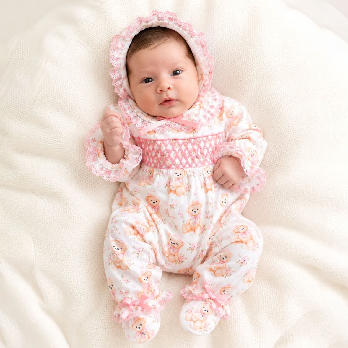 2PCS Lovely Teddy Bear and Floral Print Long Sleeve Baby Girl Jumpsuit