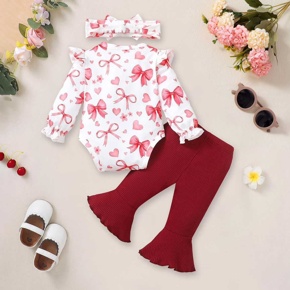 3PCS Pretty Bow and Heart Print Long Sleeve Baby Girl Set