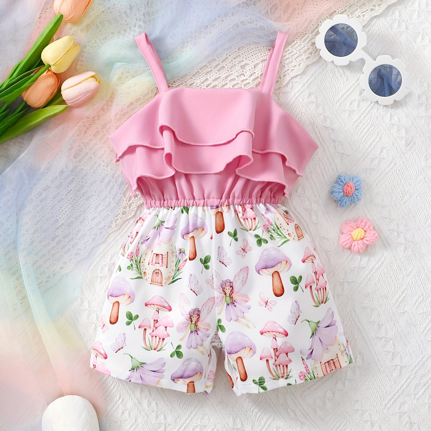 Gorgeous Fairy Mushroom Print Sleeveless Baby Romper