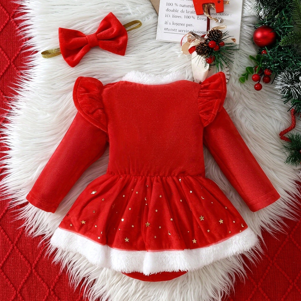 2PCS My 1st Christmas Letter Reindeer Print Baby Girl Velvet Romper