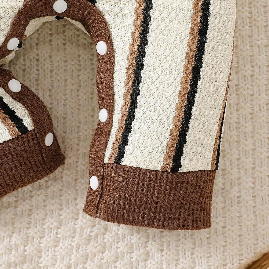 2PCS Colorblock Stripe Print Long Sleeve Waffle Baby Boy Jumpsuit