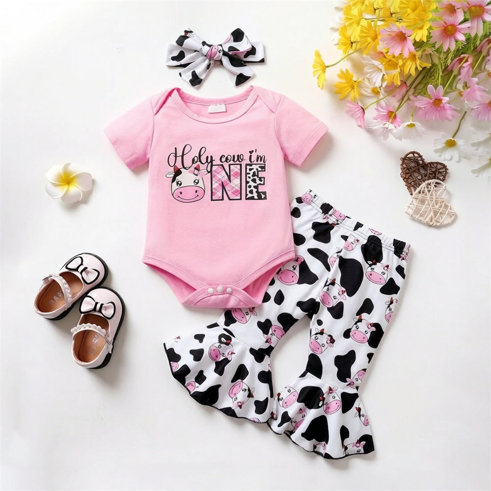 3PCS Holy Cow I'm One Letter Printed Short Sleeve Baby Set