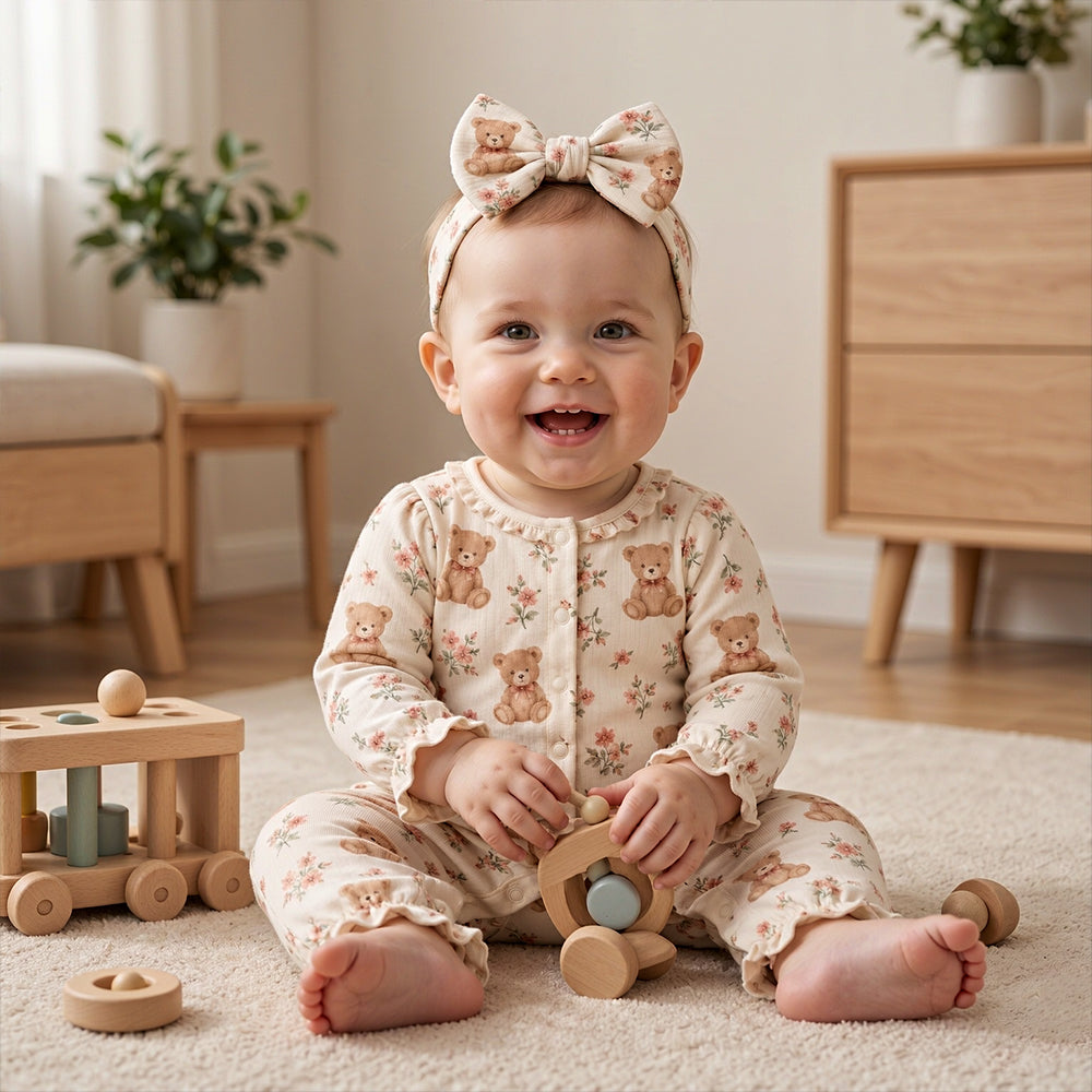 2PCS Lively Teddy Bear Floral Print Long Sleeve Baby Girl Jumpsuit
