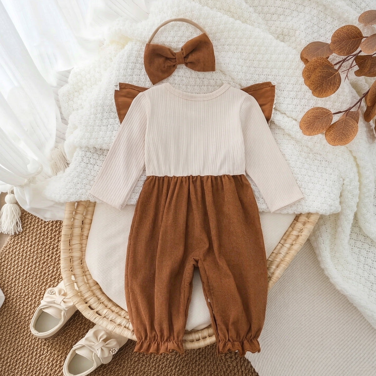 2PCS Faux Two Piece Bow Embroidered Long Sleeve Baby Girl Jumpsuit