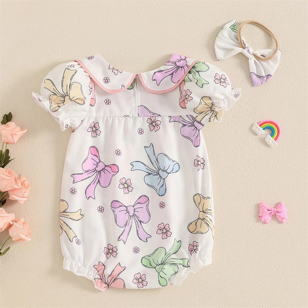 2PCS Cute Bow Printed Frill Trim Short Sleeve Baby Romper