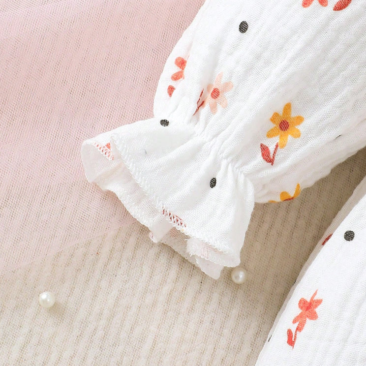 Allover Lovely Floral Printed Bow Long Sleeve Baby Jumpsuit