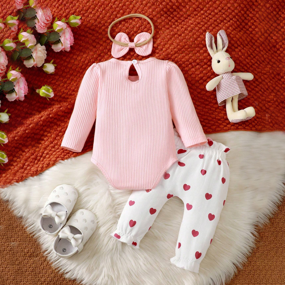 3PCS Delightful Heart Printed Long Sleeve Baby Set