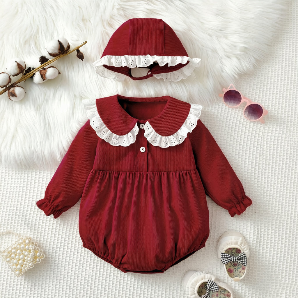 2PCS Solid Color Lace Long Sleeve Baby Romper