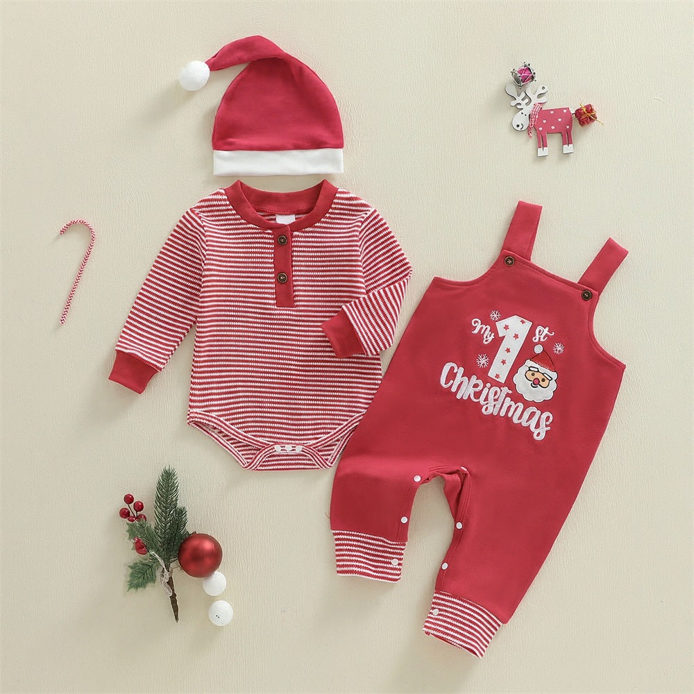 3PCS My First Christmas Letter Embroidery Stripe Print Baby Overalls Set