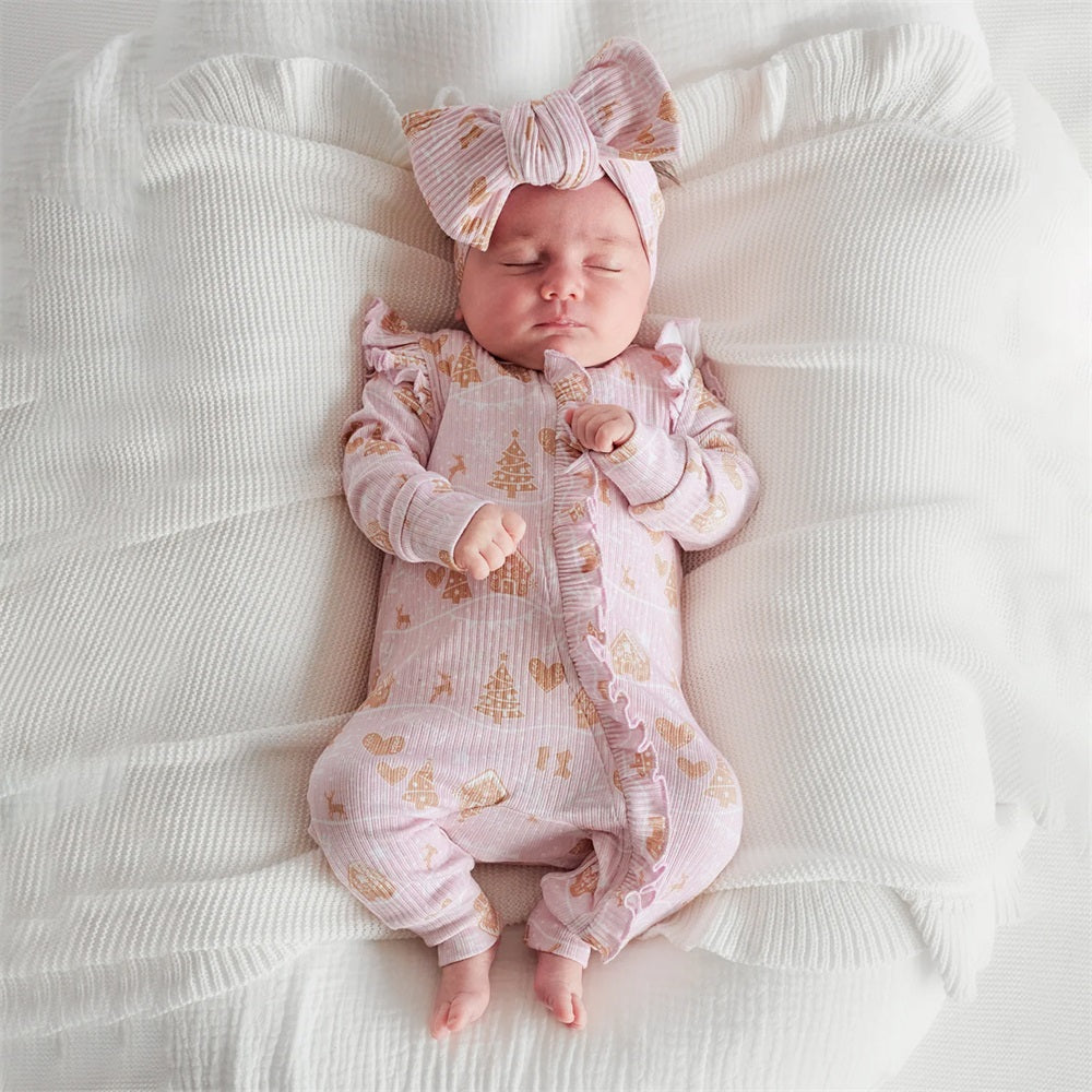 2PCS Cozy Christmas Tree Frilly Zip Long Sleeve Baby Jumpsuit