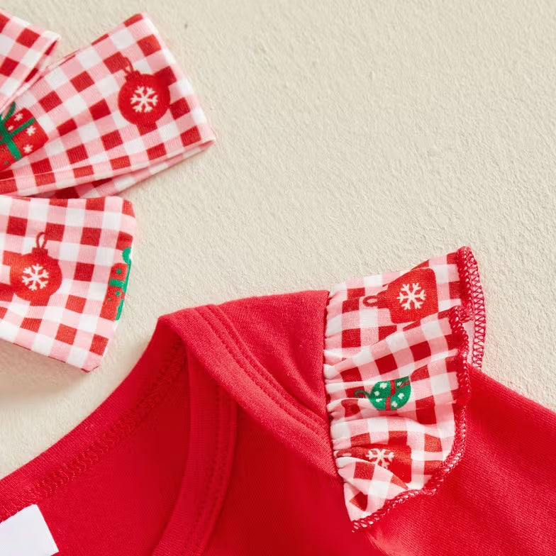 3PCS Sweet My 1st Christmas Letter Plaid Printed Long Sleeve Baby Set