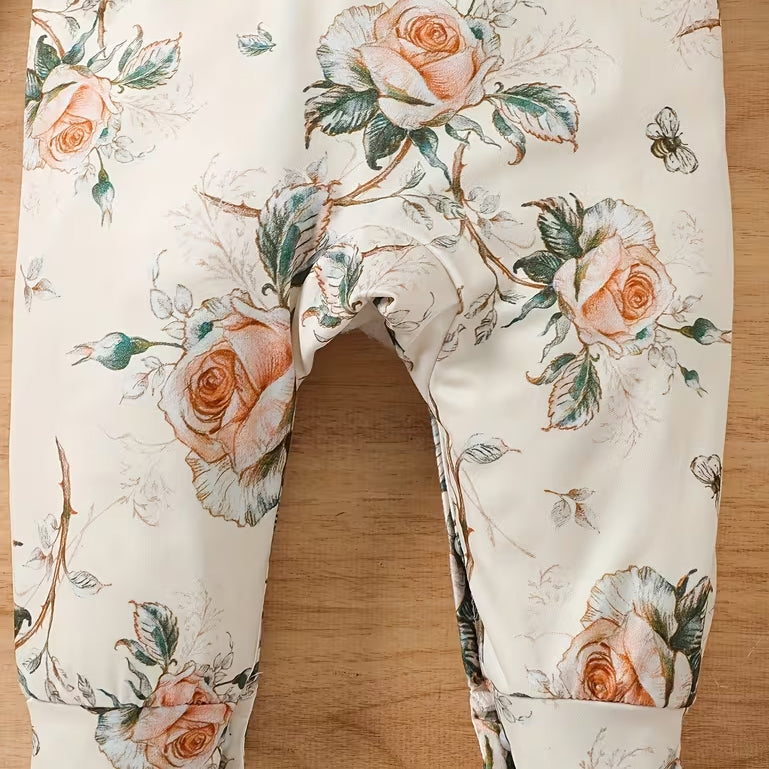 2PCS Vintage Floral Print Long Sleeve Baby Girl Jumpsuit