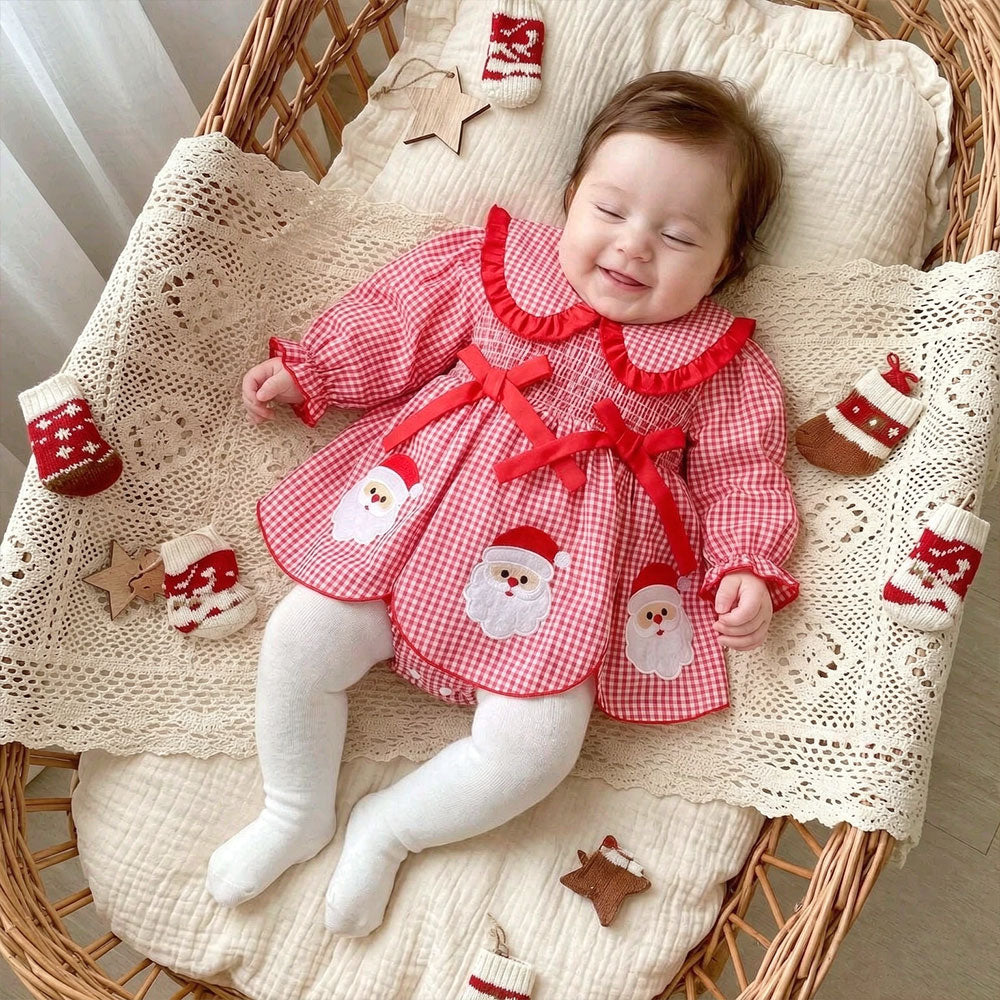 Lovely Christmas Santa Claus Plaid Printed Long Sleeve Baby Romper