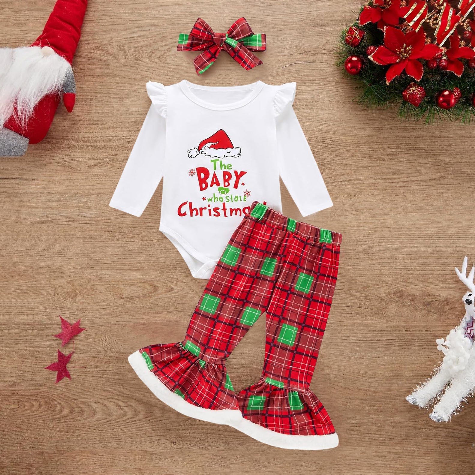 3PCS The Baby Who Stole Christmas Letter Print Plaid Baby Set