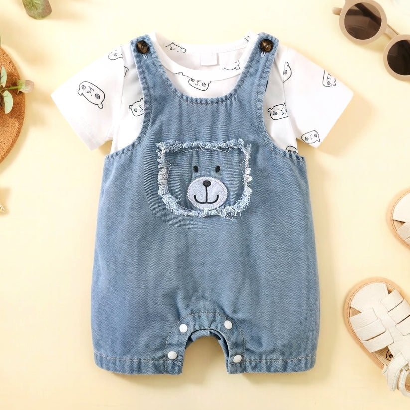 Lovely Bear Print Short Sleeve Denim Baby Jumpsuit