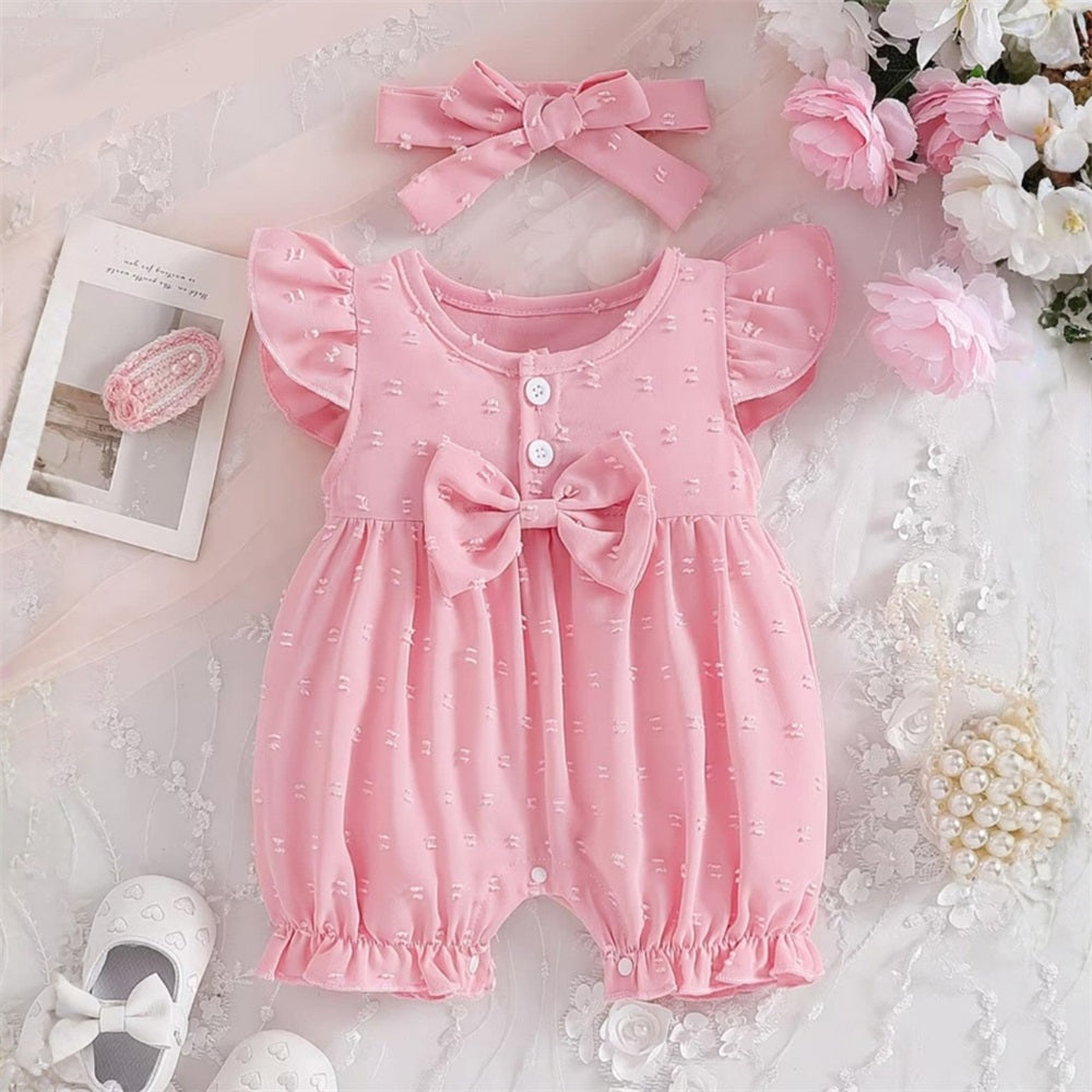 2PCS Sweet Solid Color Bow Fly Sleeve Baby Jumpsuit