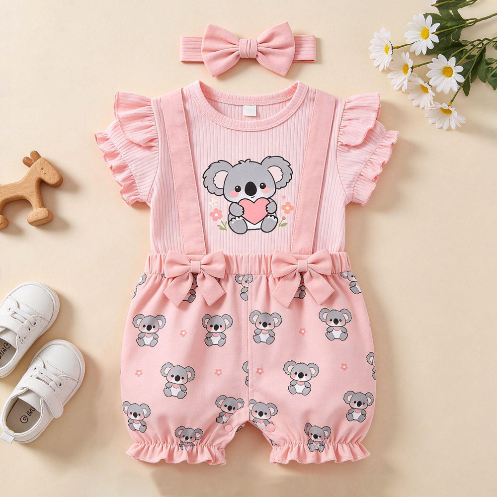 2PCS Cute Koala Print Short Sleeve Bowknot Baby Jumpsuit