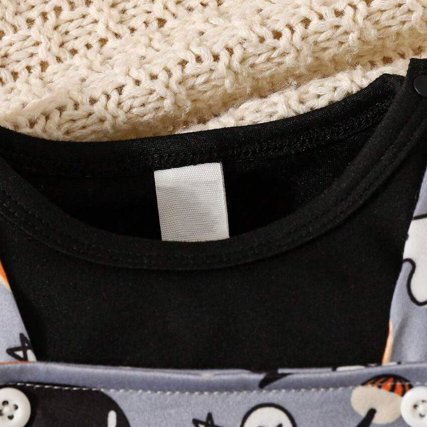 2PCS Halloween Boo Letter Pumpkin Print Long Sleeve Overalls Baby Set