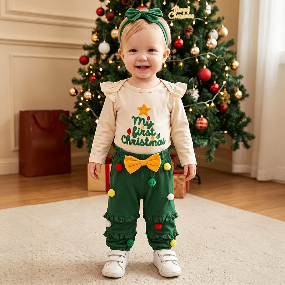 3PCS Sweet My First Christmas Letter Applique Pompon Trim Baby Girl Set