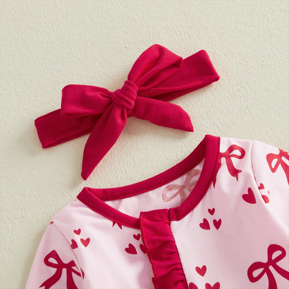 2PCS Lovely Christmas Bow Heart Printed Zipper Baby Jumpsuit
