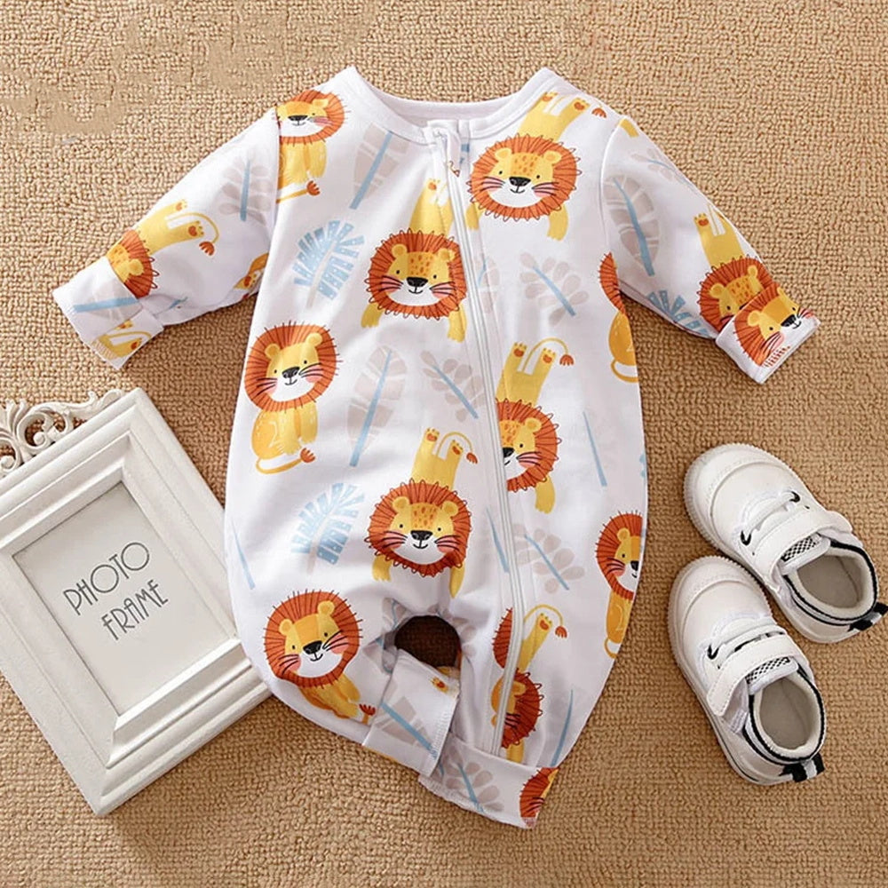 Casual Lion & Plant Printed Long Sleeve Zipper Baby Jumpsuit