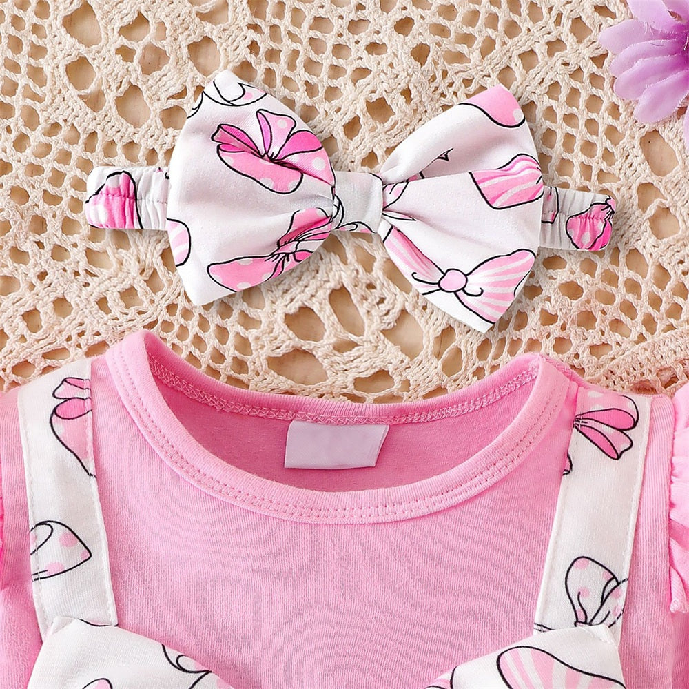 2PCS Playful Bow Printed Long Sleeve Baby Girl Jumpsuit