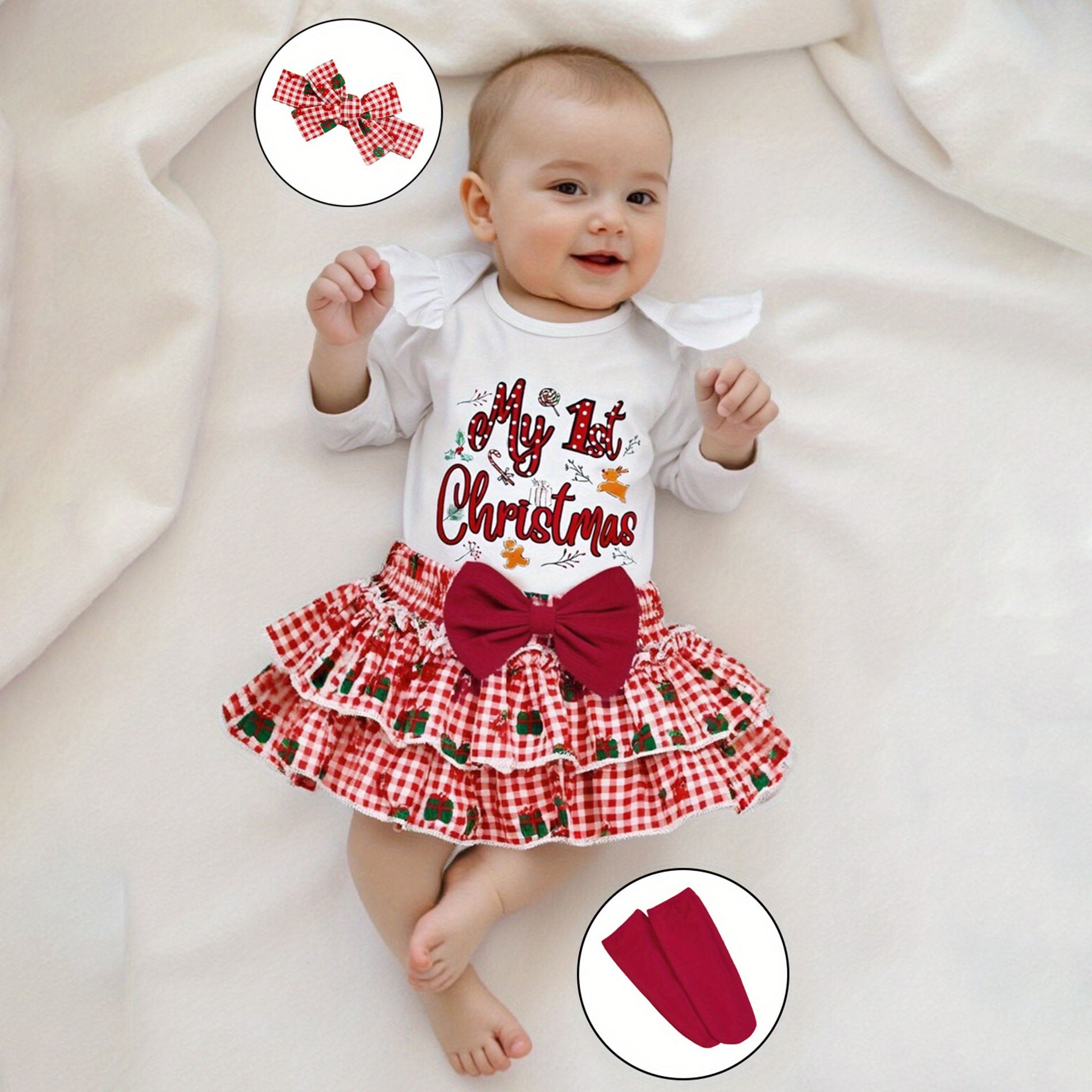 4PCS My 1st Christmas Letter Gift Plaid Print Baby Set