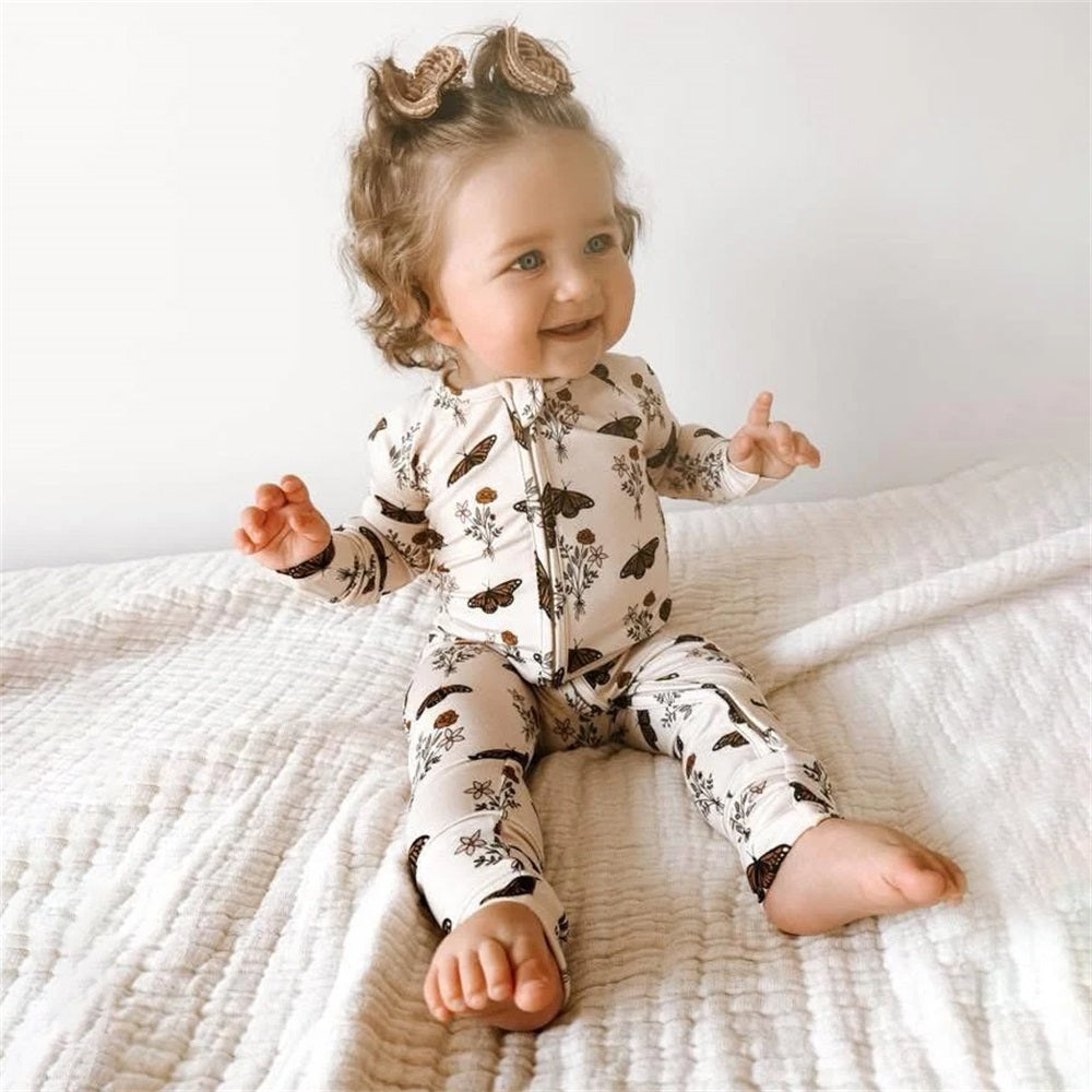 Casual Butterfly Print Long Sleeve Zipper Baby Jumpsuit
