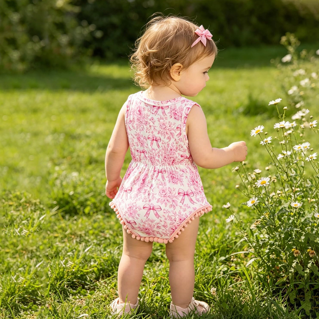 2PCS Grace Bow & Floral Printed Sleeveless Baby Romper