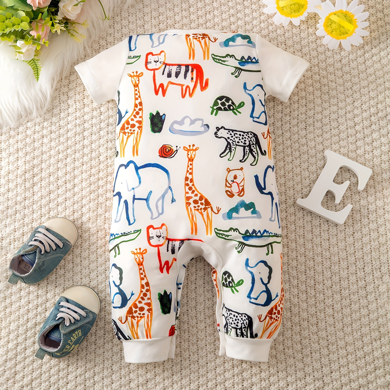 Cute Animal Graffiti Printed Short Sleeve Baby Jumpsuit