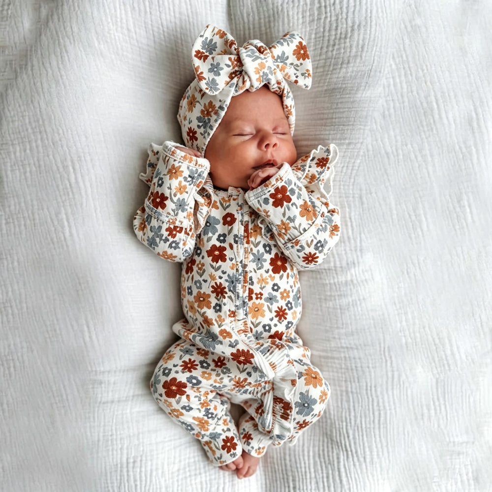 2PCS Adorable Allover Floral Print Ruffle Long Sleeve Zipper Baby Jumpsuit