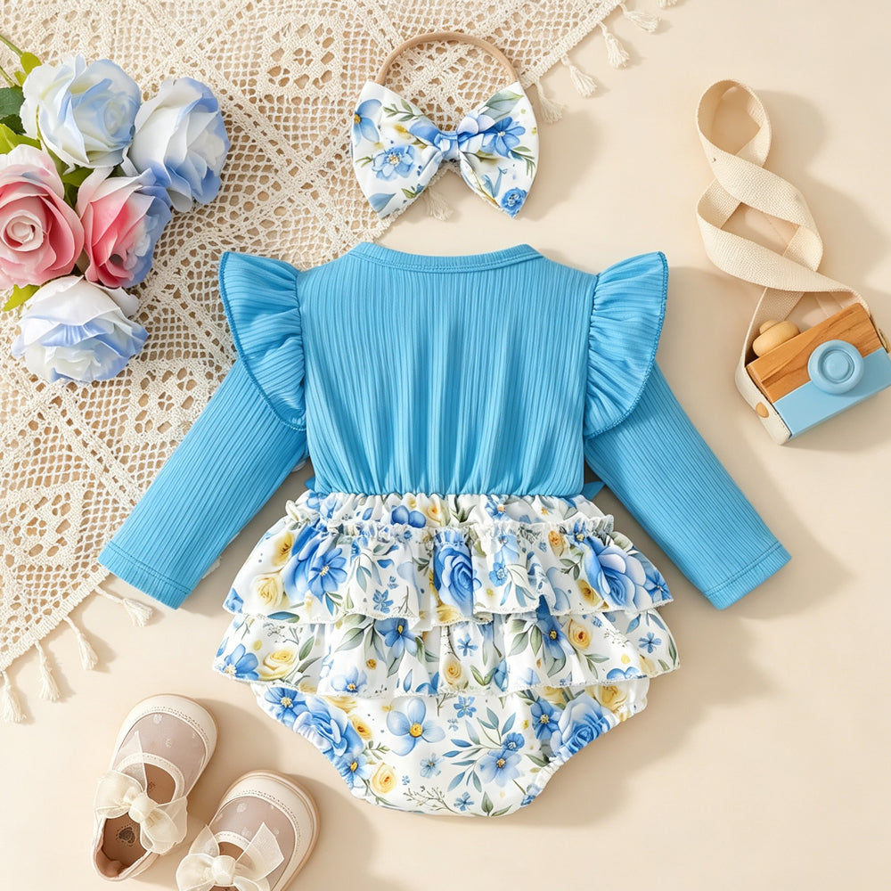 2PCS Baby Girl Floral Print Bow Long Sleeve Romper