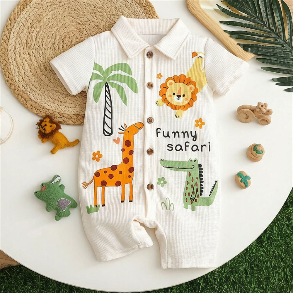 Casual Animal Printed Polo Neck Short Sleeve Baby Jumpsuit