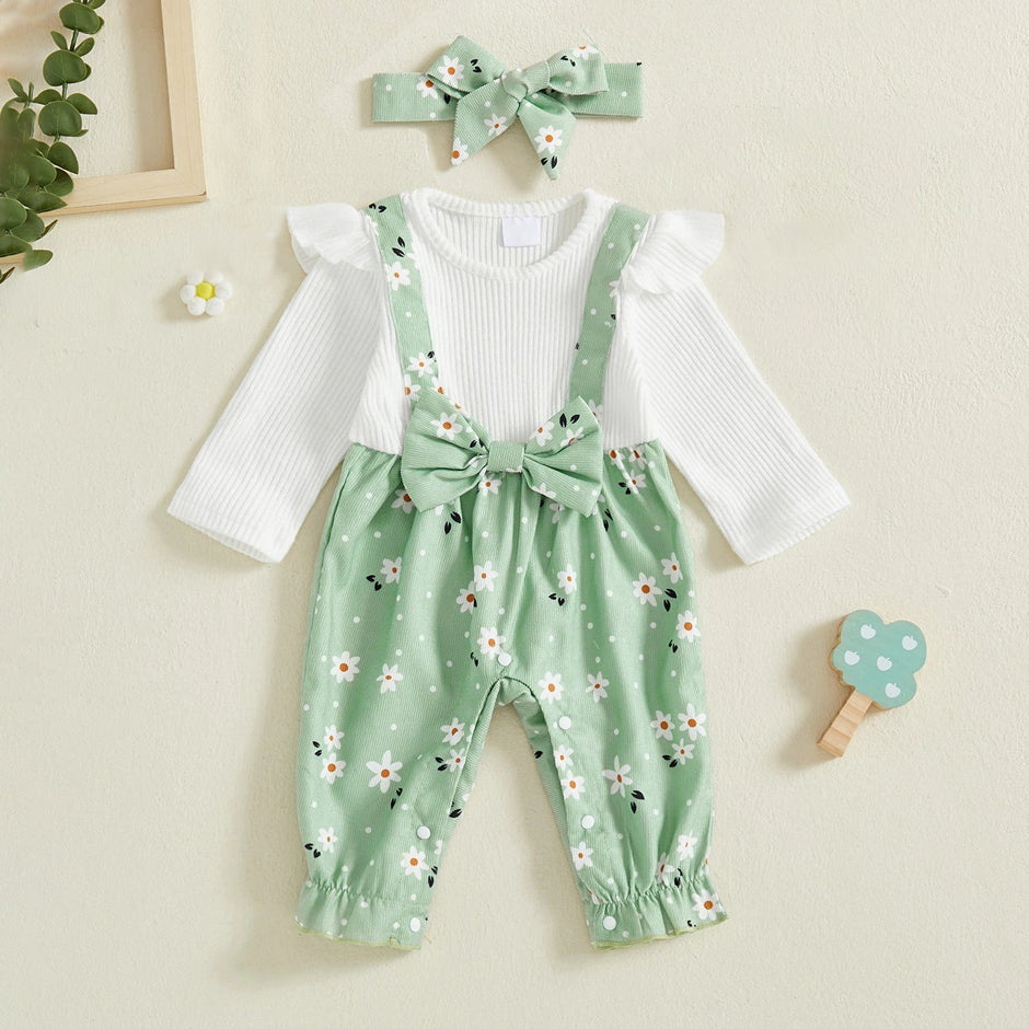 2PCS Fresh Daisy Printed Long Sleeve Baby Girl Jumpsuit