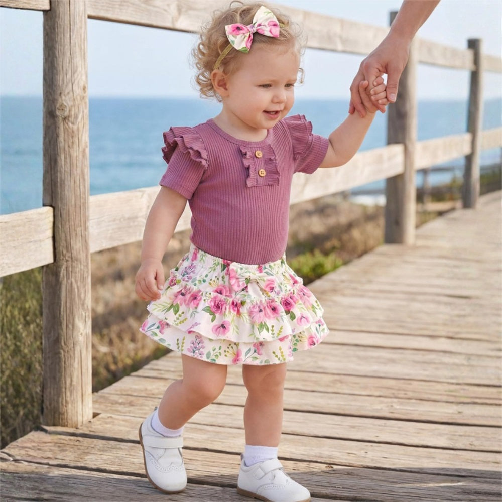 3PCS Summer Stylish Floral Printed Bow Short Sleeve Baby Set