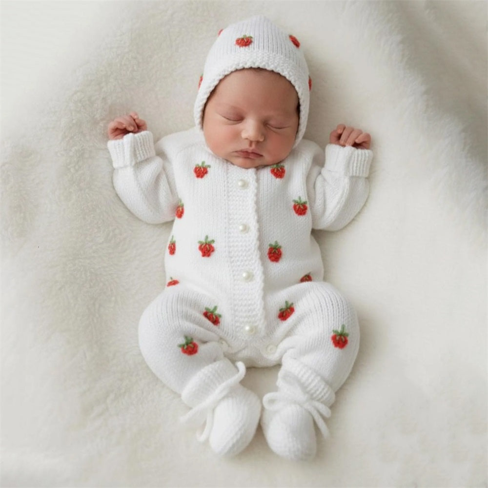 2PCS Strawberry Embroidered Knit Long Sleeve Baby Jumpsuit