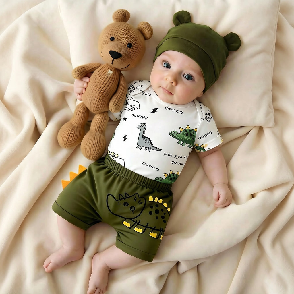 3PCS Cute Wild Paw Letter Dinosaur Print Short Sleeve Baby Boy Set