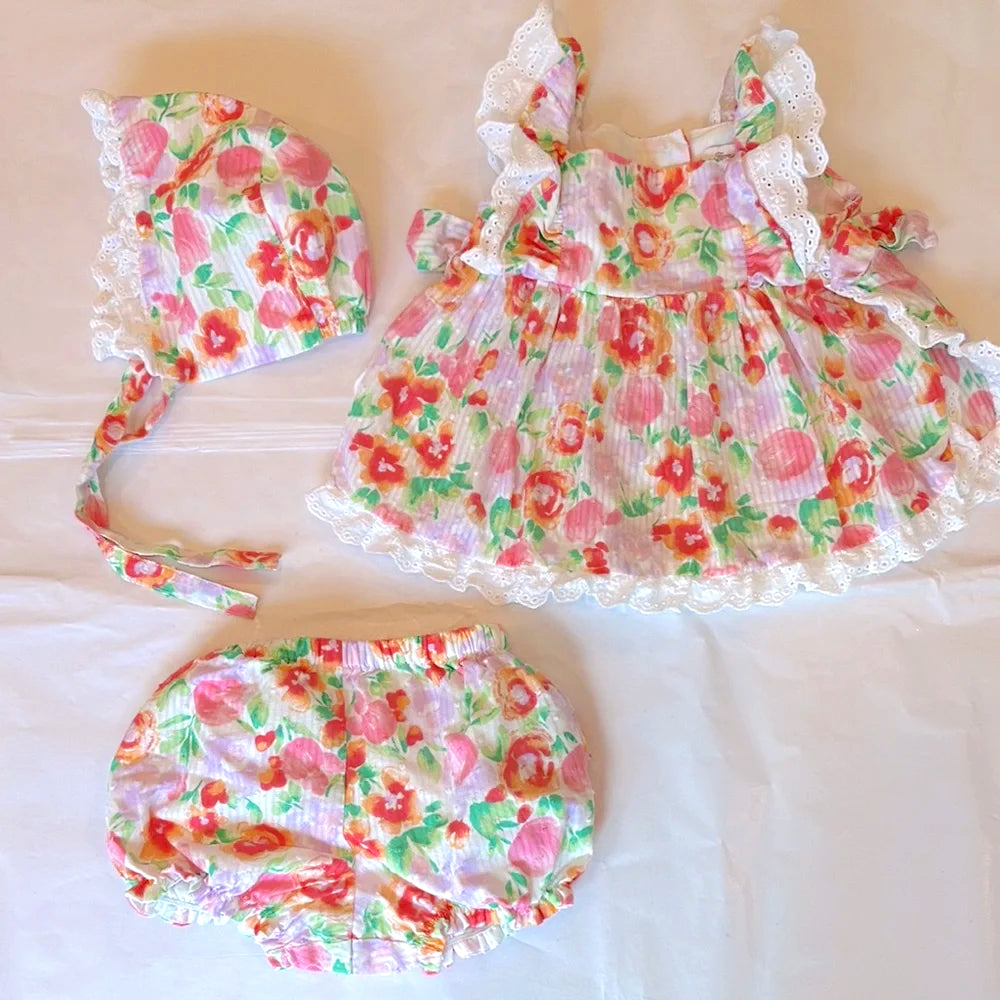 3PCS Stylish Floral Printed Lace Trim Fly Sleeve Baby Set