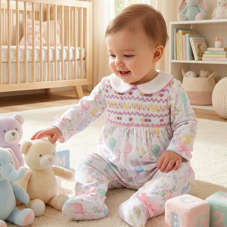 2PCS Lovely Teddy Bear & Balloon Print Long Sleeve Baby Jumpsuit