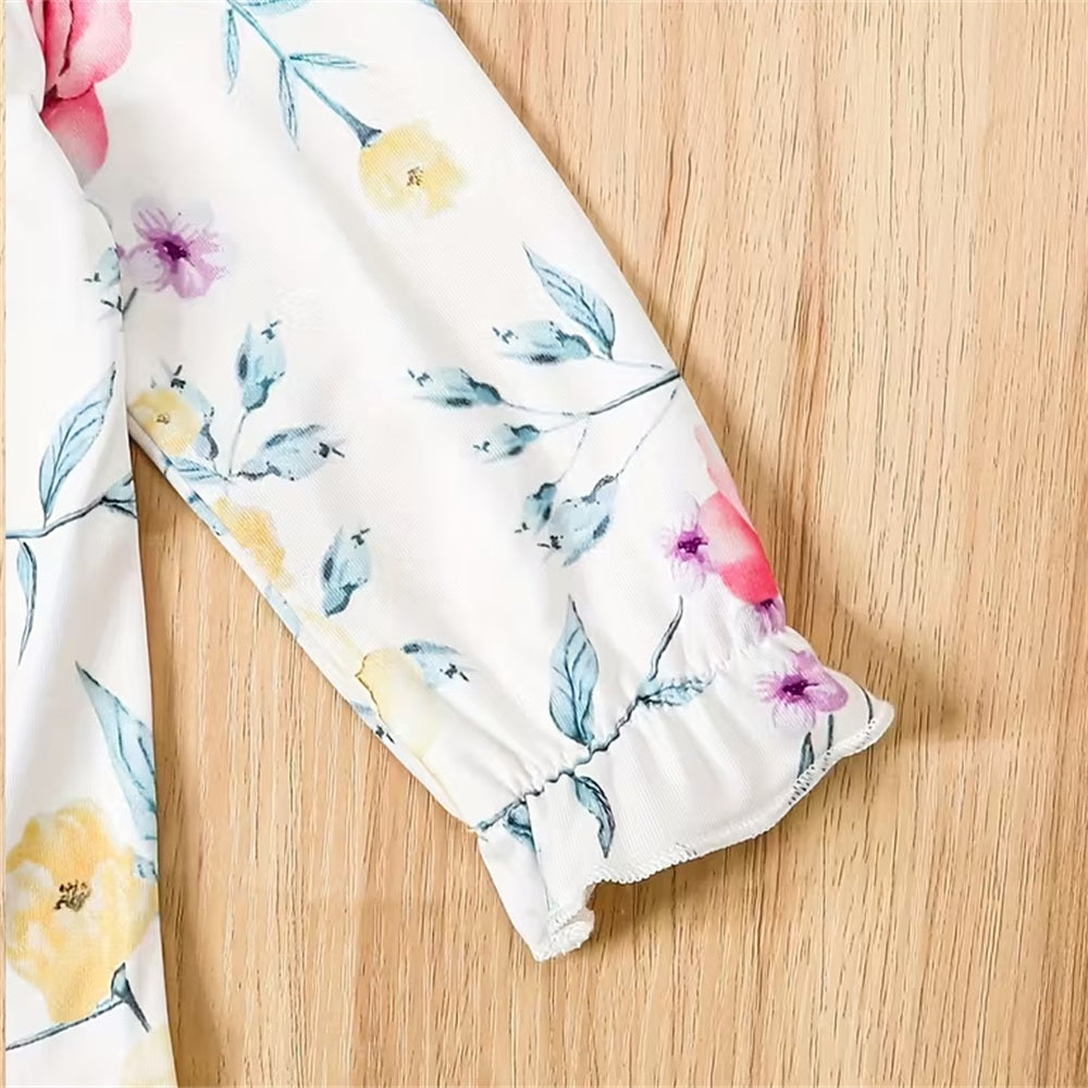 2PCS Floral and Butterfly Print Long Sleeve Baby Jumpsuit