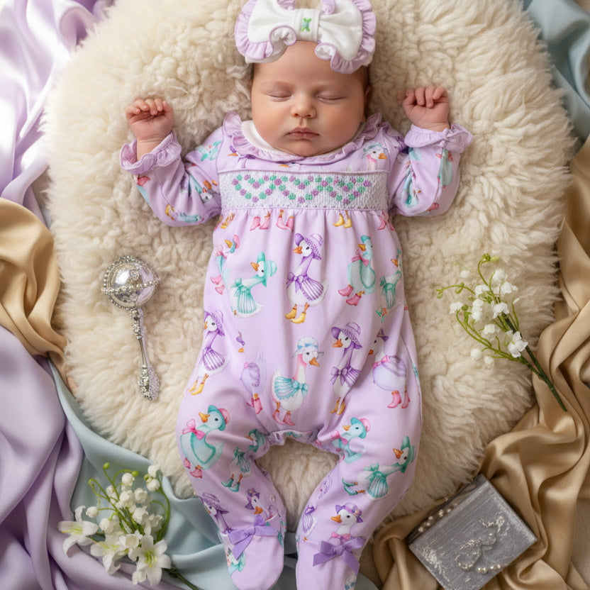 2PCS Lovely Duck Print Long Sleeve Baby Jumpsuit