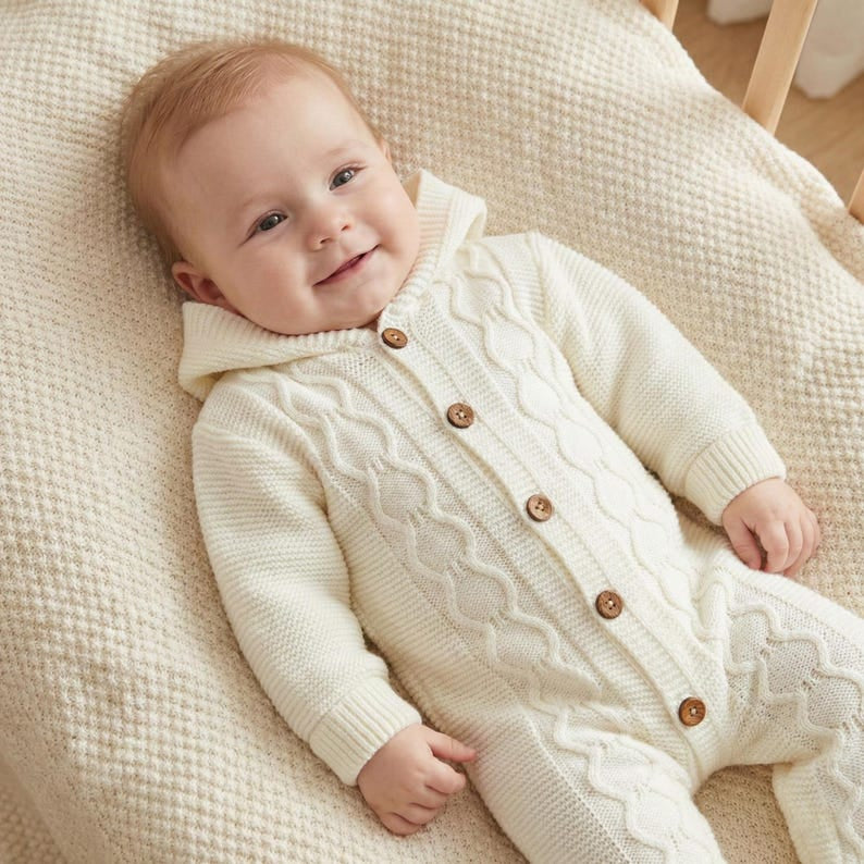 Comfy Solid Color Long Sleeve Hoodie Baby Knit Jumpsuit