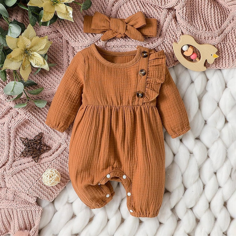 2PCS Solid Color Ruffle Trim Long Sleeve Baby Jumpsuit