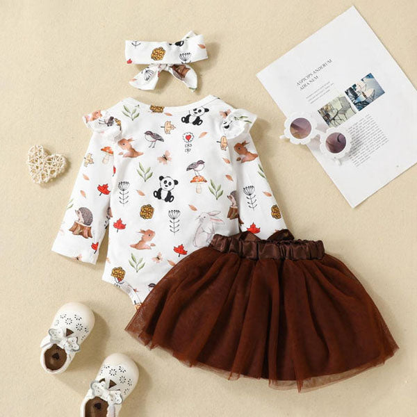 3PCS Heart Animal Printed Baby Skirt Set