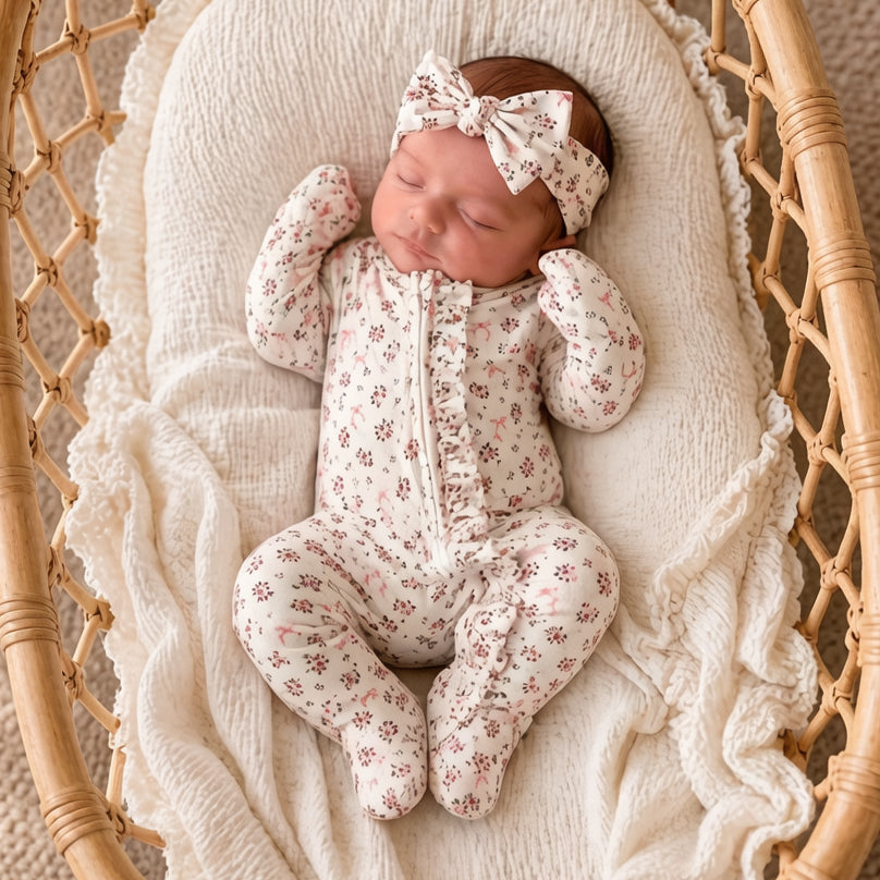 2PCS Allover Dainty Floral Printed Ruffle Zipper Baby Jumpsuit