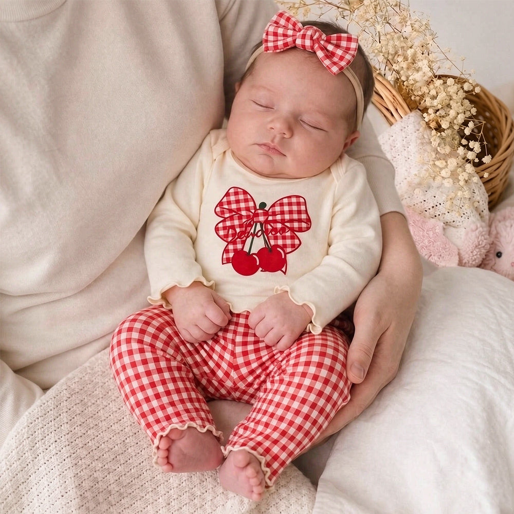 2PCS Lovely Bow Cherry and Plaid Print Long Sleeve Baby Girl Set