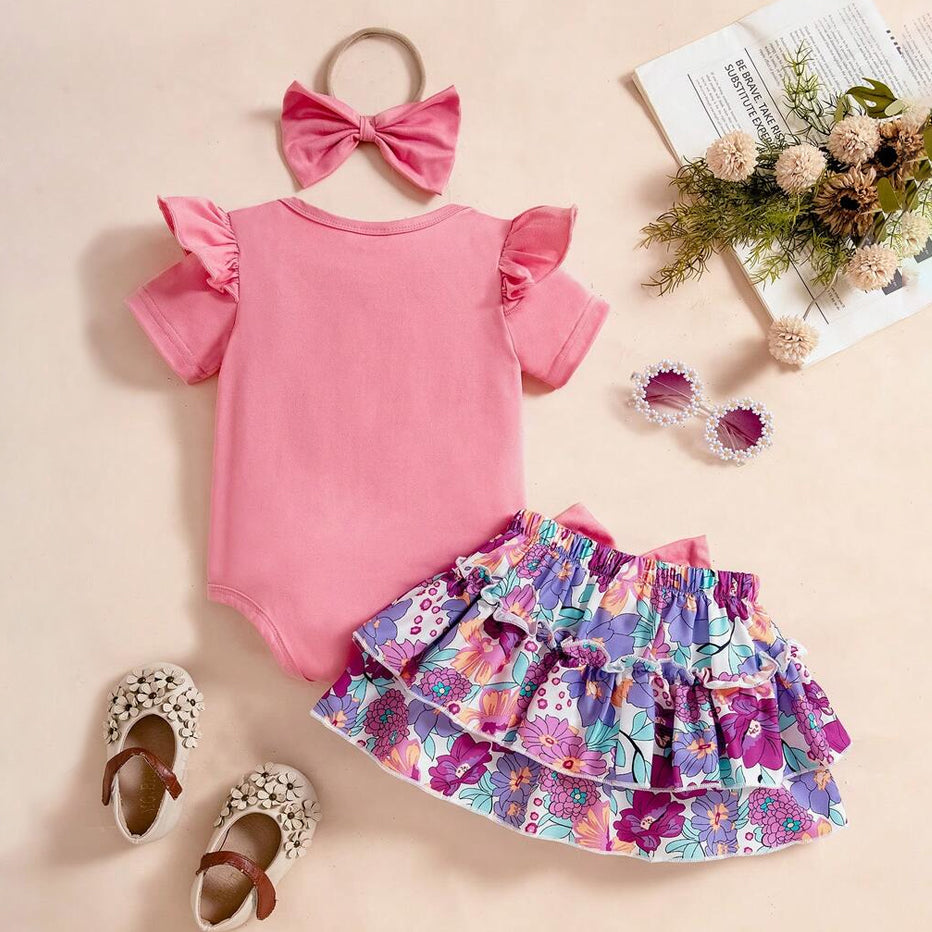 3PCS Vibrant Floral Print Short Sleeve Baby Girl Set